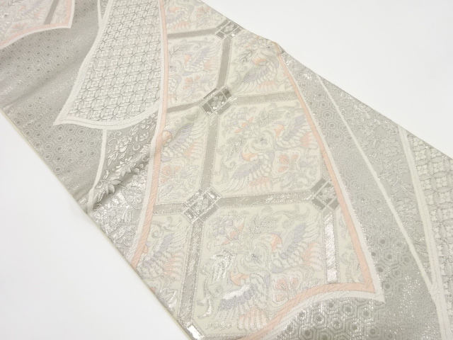 プラチナ箔　熨斗に花鳥・古典柄織り出し　袋帯